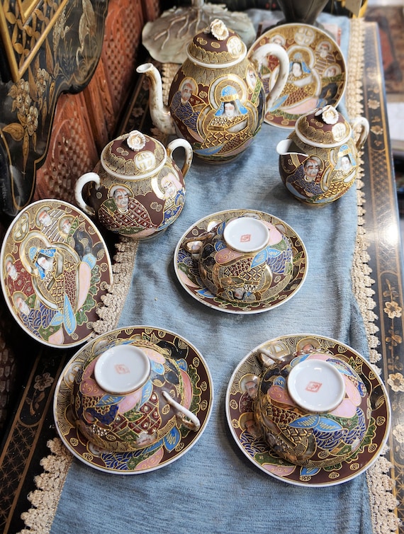 ヴィンテージ薩摩茶器磁器 // 薩摩盛上茶器 / 多色エナメルの