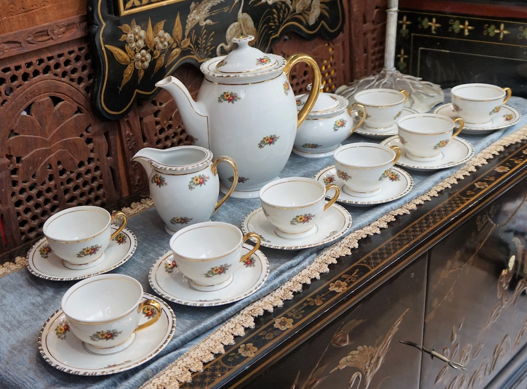 Juego de Café Antiguo Santa Clara Mah Vigo // Juego de Té de Vajilla  Vintage hecho en España México