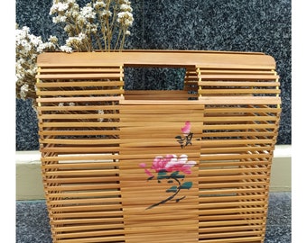 Vintage slated Bamboo Handbag // Vintage Wood Tote Bag // Flores pintadas a mano //Asian Design Open Bamboo Case //Summer Hand Bag.
