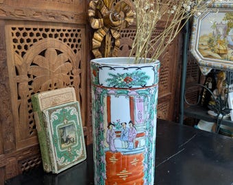 Vintage Vase Macao Hand Painted Porcelain Cylindrical Rose Medallion Vase, Japan Porcelain Hand Painted In Hong Kong / Large Rose Medallion