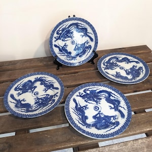 Antique japanese Dragon set Plates // Blue Desert plates vintage, tableware vintage