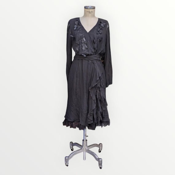 Christian Lacroix, Vintage Christian Lacroix Silk Dress Black Lace Midi Wrap Dress 90s Designer