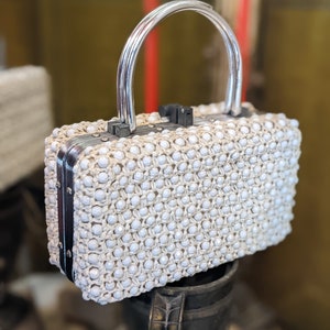 White Beaded Raffia Box handbag vintage /Art Deco bag vintage /Bridal handbag