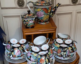 Vintage Zhongguo Jingdezhen "Millefleur Famille Noire" Black Floral Rose Tea set Porcelain Made in China 03 Red Stamp