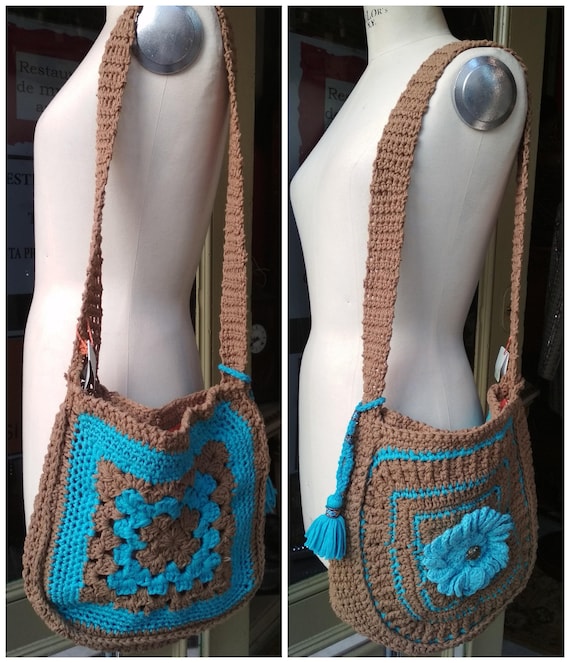 Bags Crochet Handmade Shoulder bag Blue and Brown S Gem