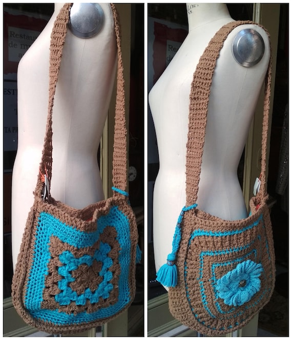 Bags Crochet Handmade Shoulder bag Blue and Brown… - image 1