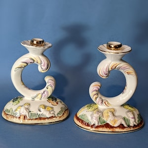 Vintage Pair of Alcobaca Porcelain Candle Stick Handpainted.