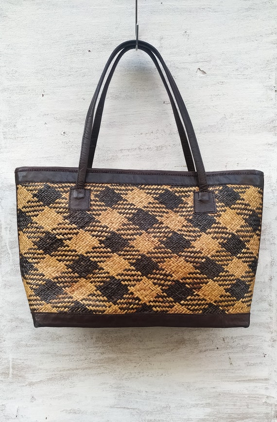 Vintage Ethnic bag // Leather Straw Handwoven Hand