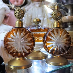 Vintage Czech Art Deco Amber Cut to Clear / Glass Perfume Bottle Vanity Set