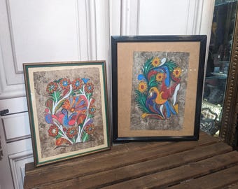 Par de mandalas mayas de arte popular vintage pintados a mano en marco // Marcos étnicos para decoración del hogar