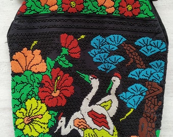 Vintage Beaded bag 70s Boho / Beaded Tote Bag Bohemian Hippie / Shoulder Festival Beach Handbag