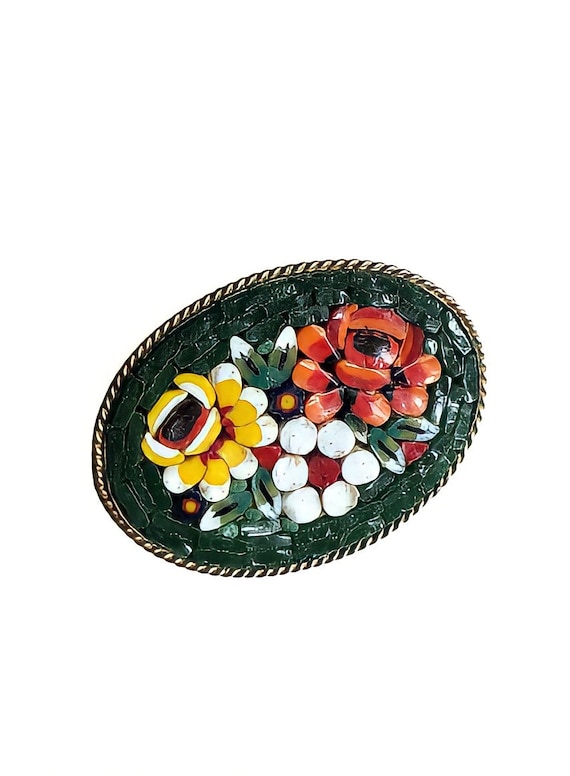 Broche Ancienne Bouquet De Fleurs En Micro Mosaïque – Occasion En Bon état, Quelques Usures
