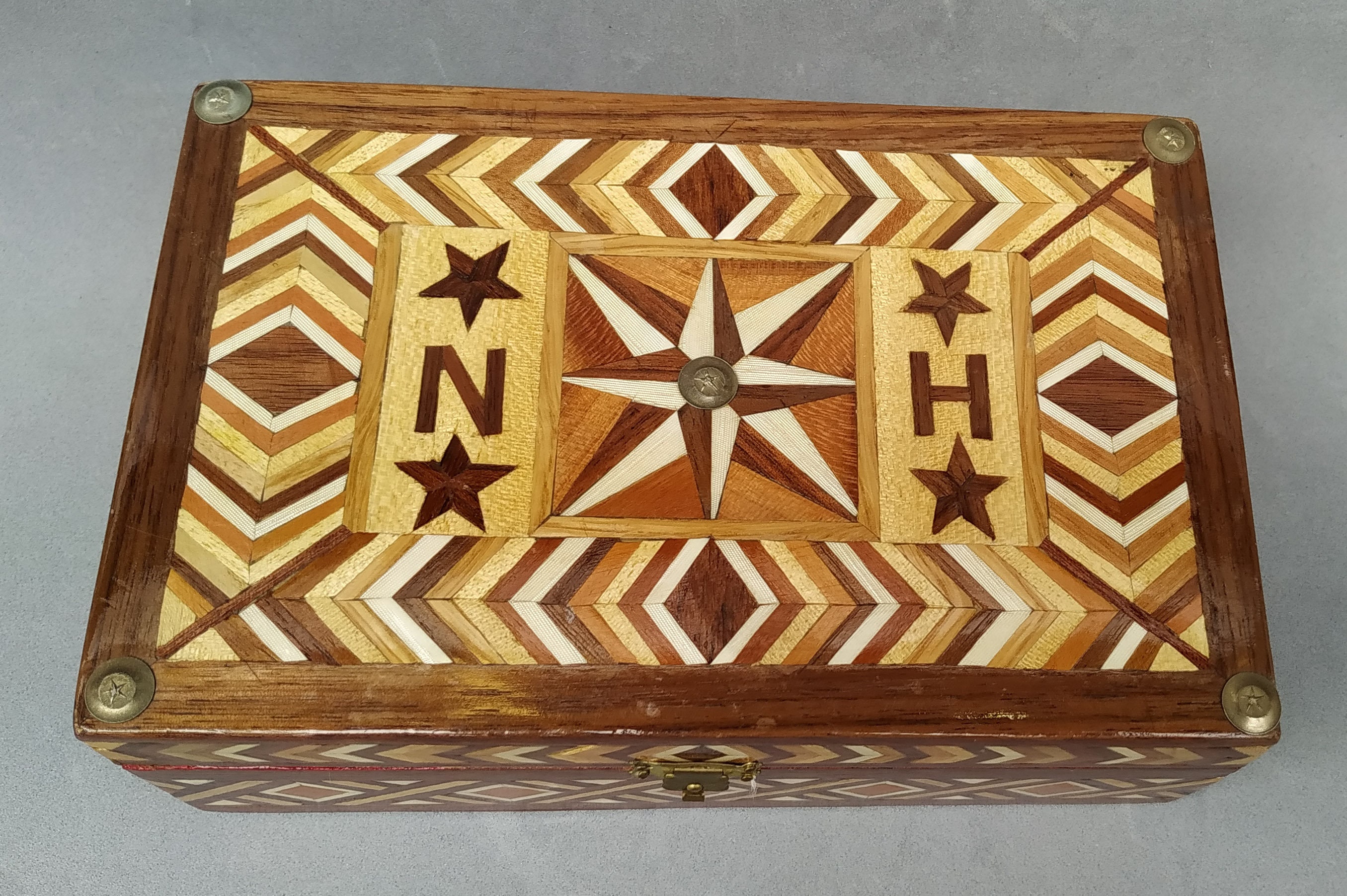 ヴィンテージ象嵌木箱、手作り木製モザイクアートボックス、木製寄木