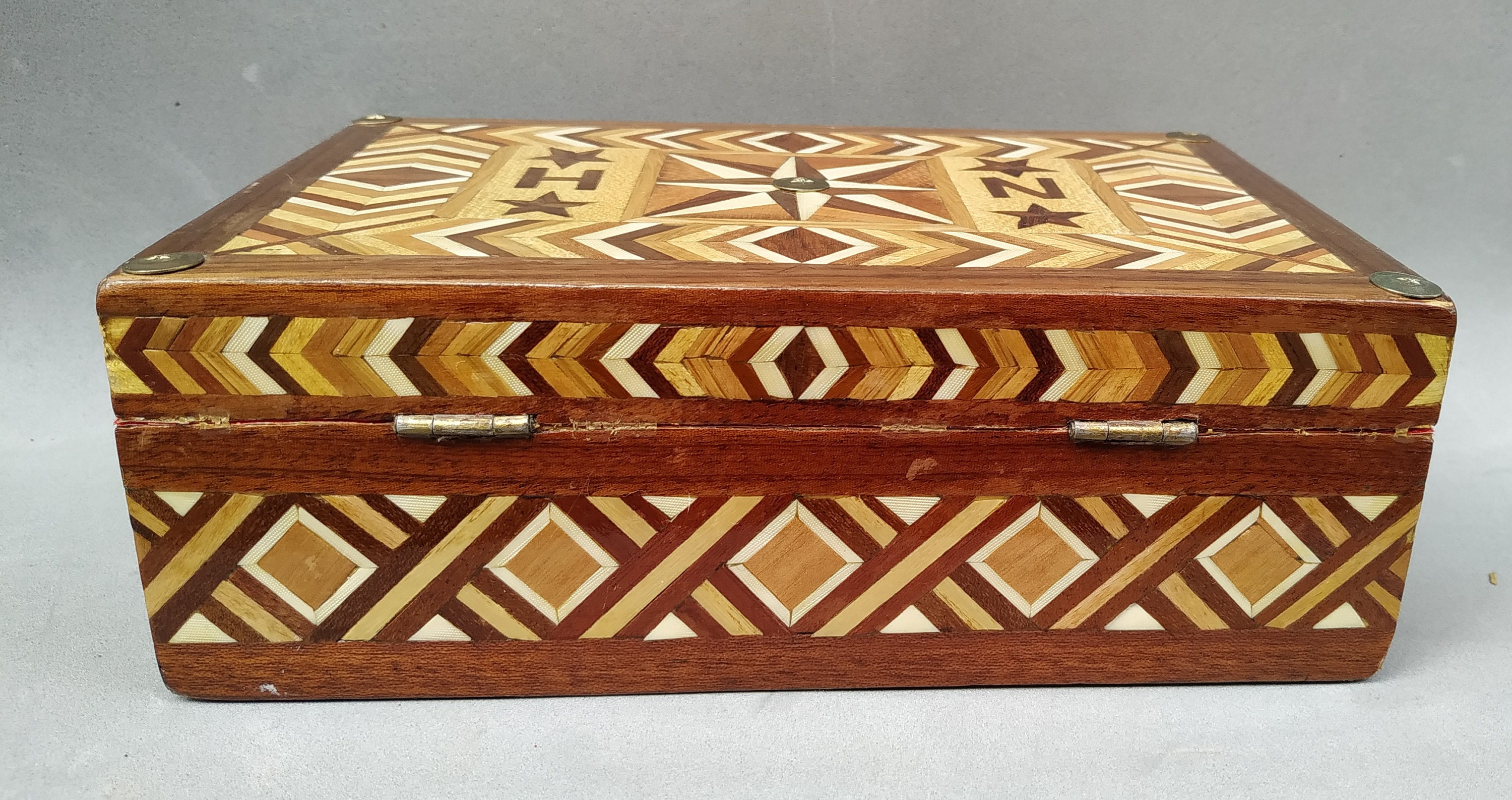 木製象嵌細工収納ボックス ヴィンテージ象嵌木箱、手作り木製モザイクアートボックス、木製寄木