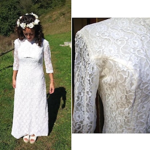 Vintage 60&#39;s Maxi White Lace Wedding Dress / Romantic Wedding Dress/ Small Medium Size