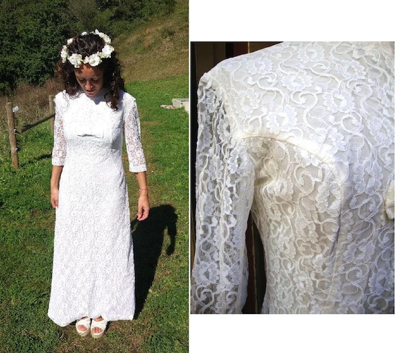 Vintage 60's Maxi White Lace Wedding Dress / Roma… - image 1