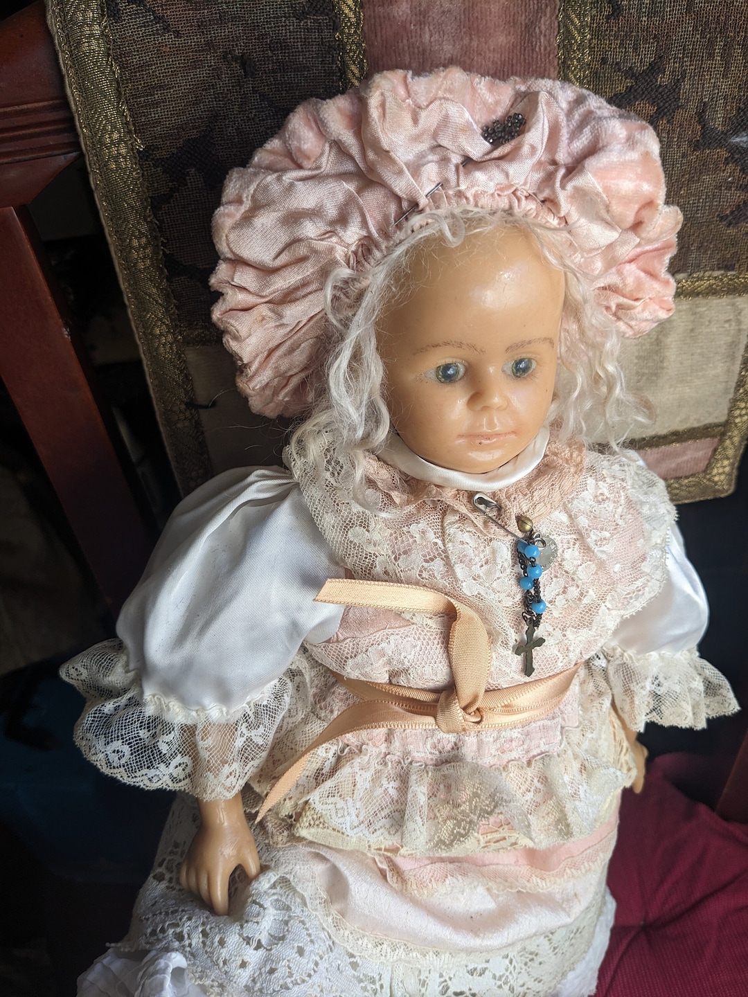 Antique Wax Doll With Clothing, Trunk and Porcelain Dogs /antic