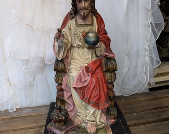 Antique Santos Sacred Jesus Heart. Spain. Glass eyes. Religious. catholic. Church. Olot figurine. Jesus. Master piece. Jesus
