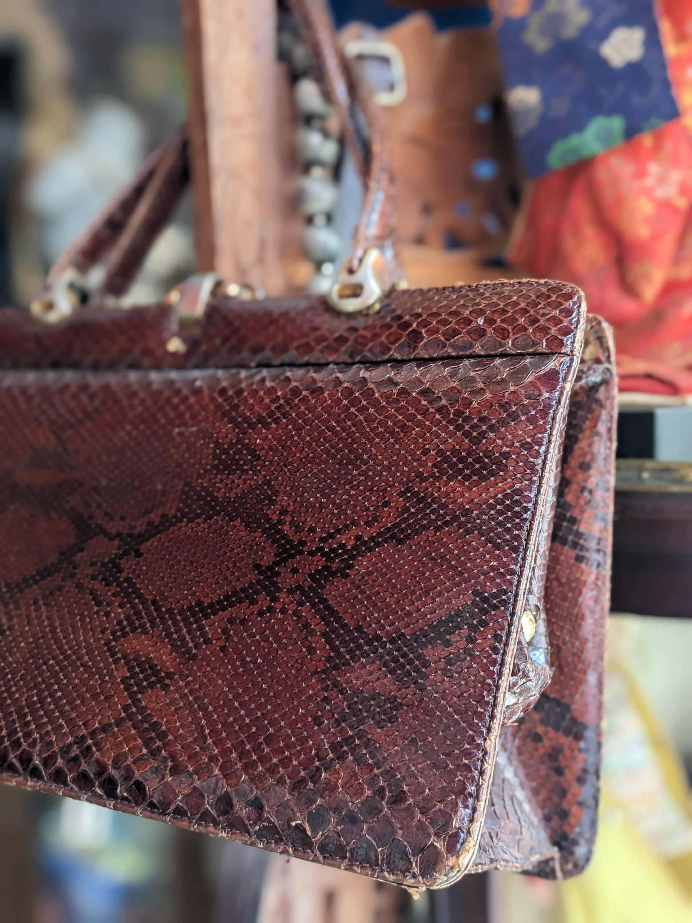 00’s archive snake 蛇柄 leather hand bag 茶 Vintage Craft Snake Bag, Leather Bag, Handmade Bag, Rare Bag