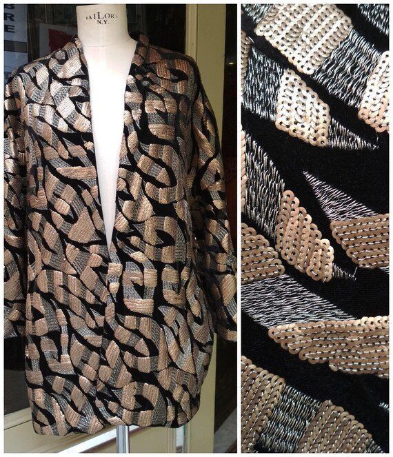 Vintage Gold and Black Velvet Sequin jacket / Vint