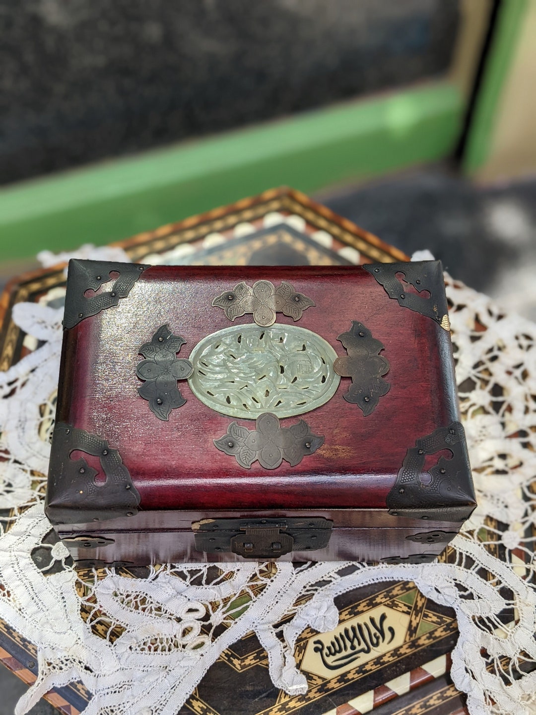 Chinese Jewelry Box | Wooden Box With Heavy Brass Hardware