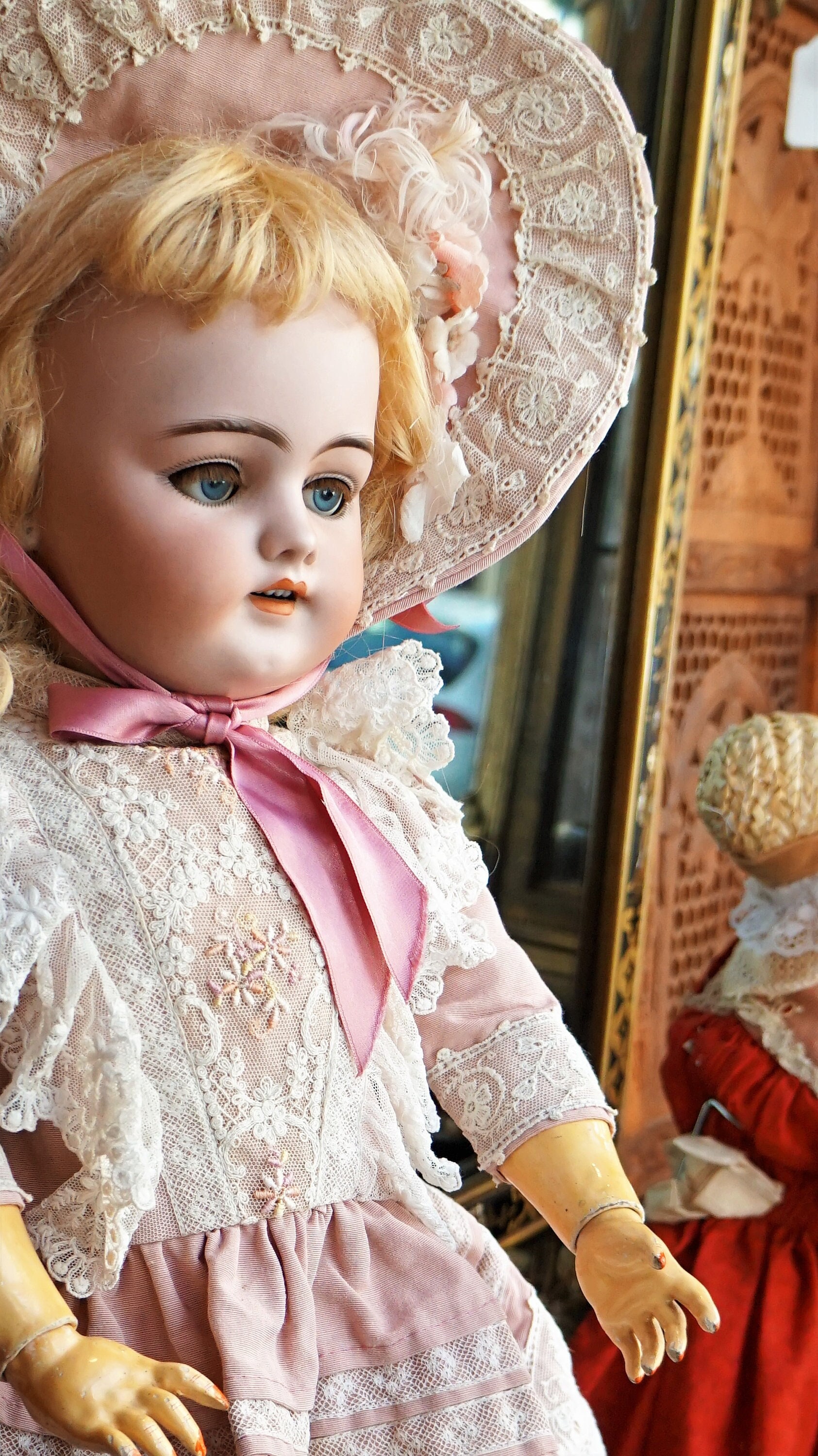 ブドワール人形ヘッドアンティークフランスビンテージ布製金髪 赤口紅