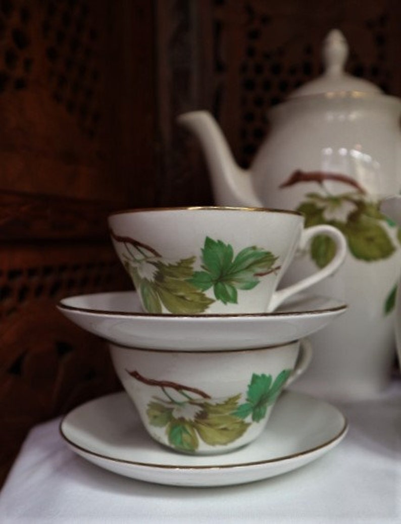 Vintage Thee set porselein gemaakt in Spanje // Home Decor Coffe set met de hand geschilderd afbeelding 2