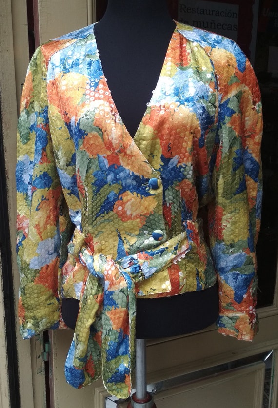 Vintage 80s Sequin Jacket colorful with belt / Ra… - image 2