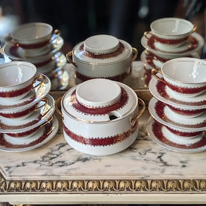 Vintage cups, plates and Porcelain Soup Tureen Gold / Bouillon Set