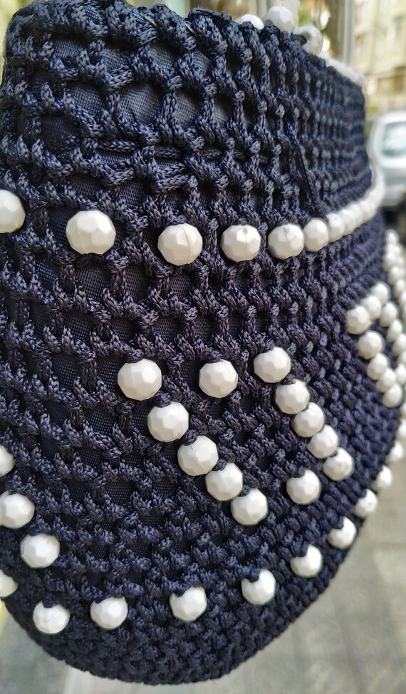 Vintage 60s Dark Blue and White Crochet  Knitted … - image 6