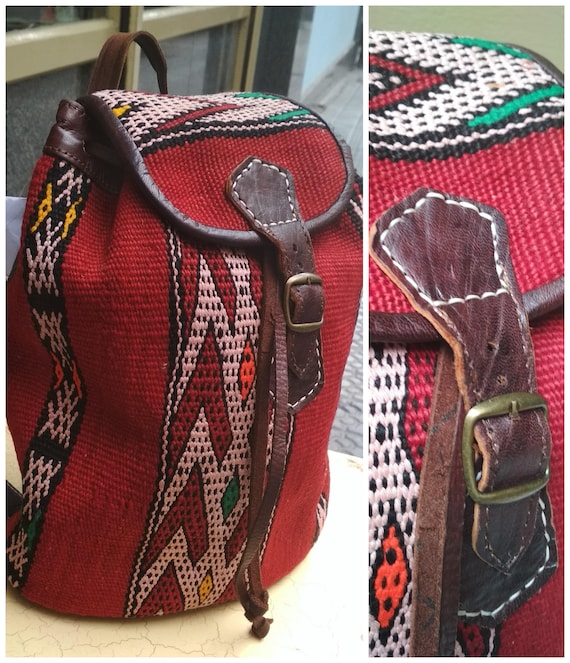 Vintage Kilim Brown Leather Backpack Red / Moroccan Kilim Leather Backpack/ Kilim Leather Book Bag/ Kilim Leather Unisex Bag/ Kilim Backpack
