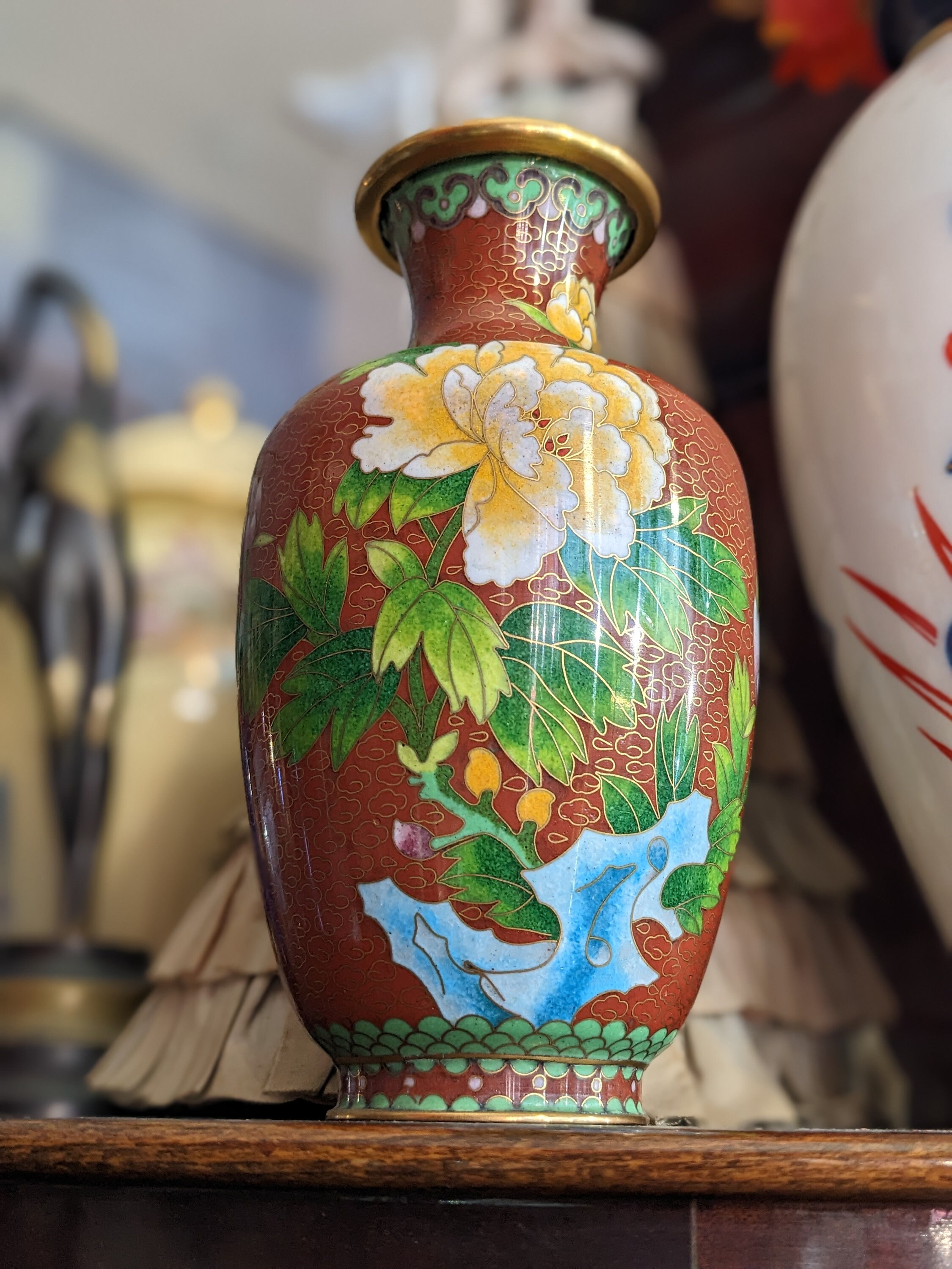 中国七宝焼き花瓶 - Chinese Cloisonné Floral Vase Vintage Chinese Copper Cloisonne Raised Enamel Floral Green