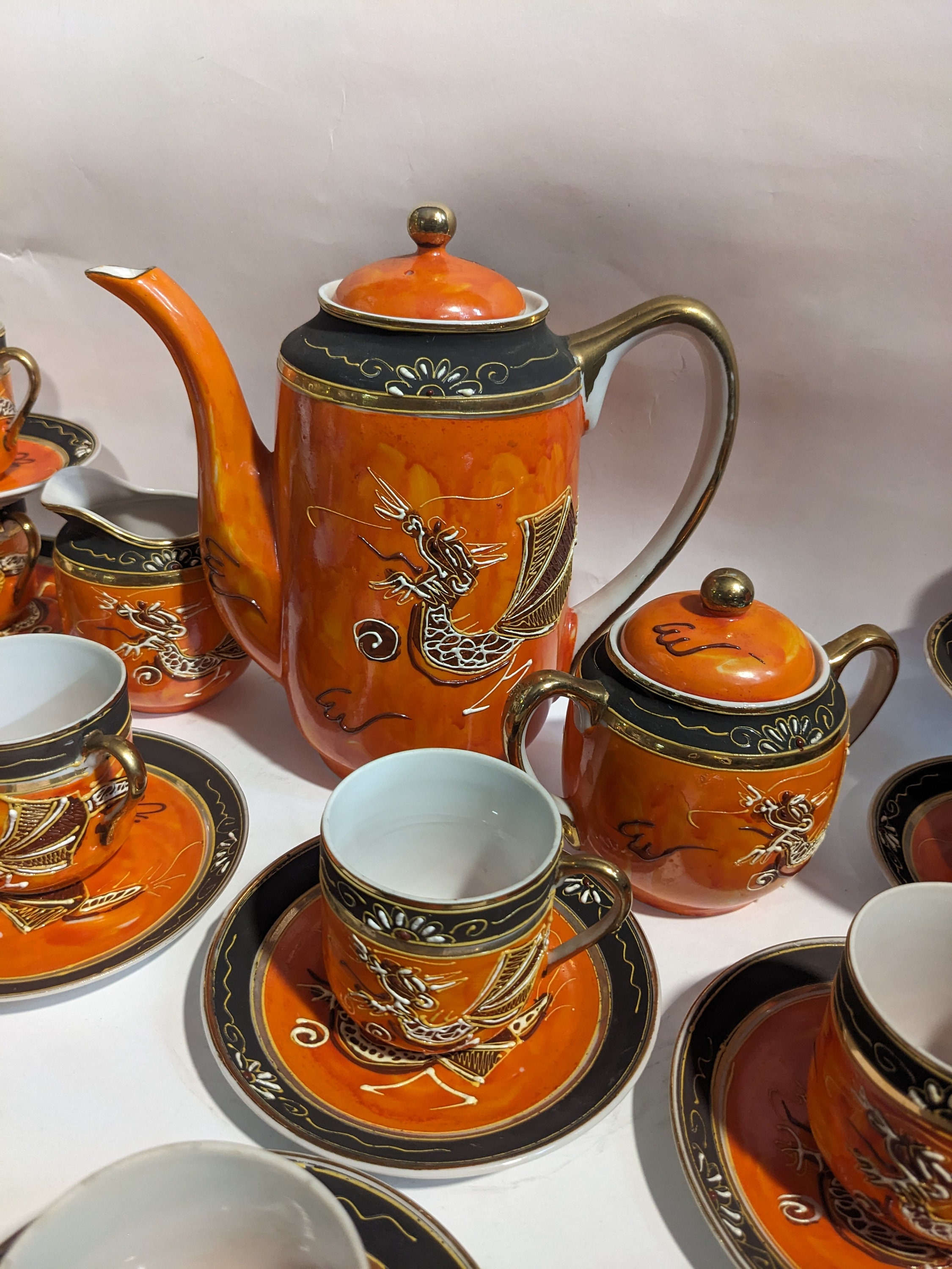 Vintage Coffee Set Orange Moriage // Dragon Ware, Oriental