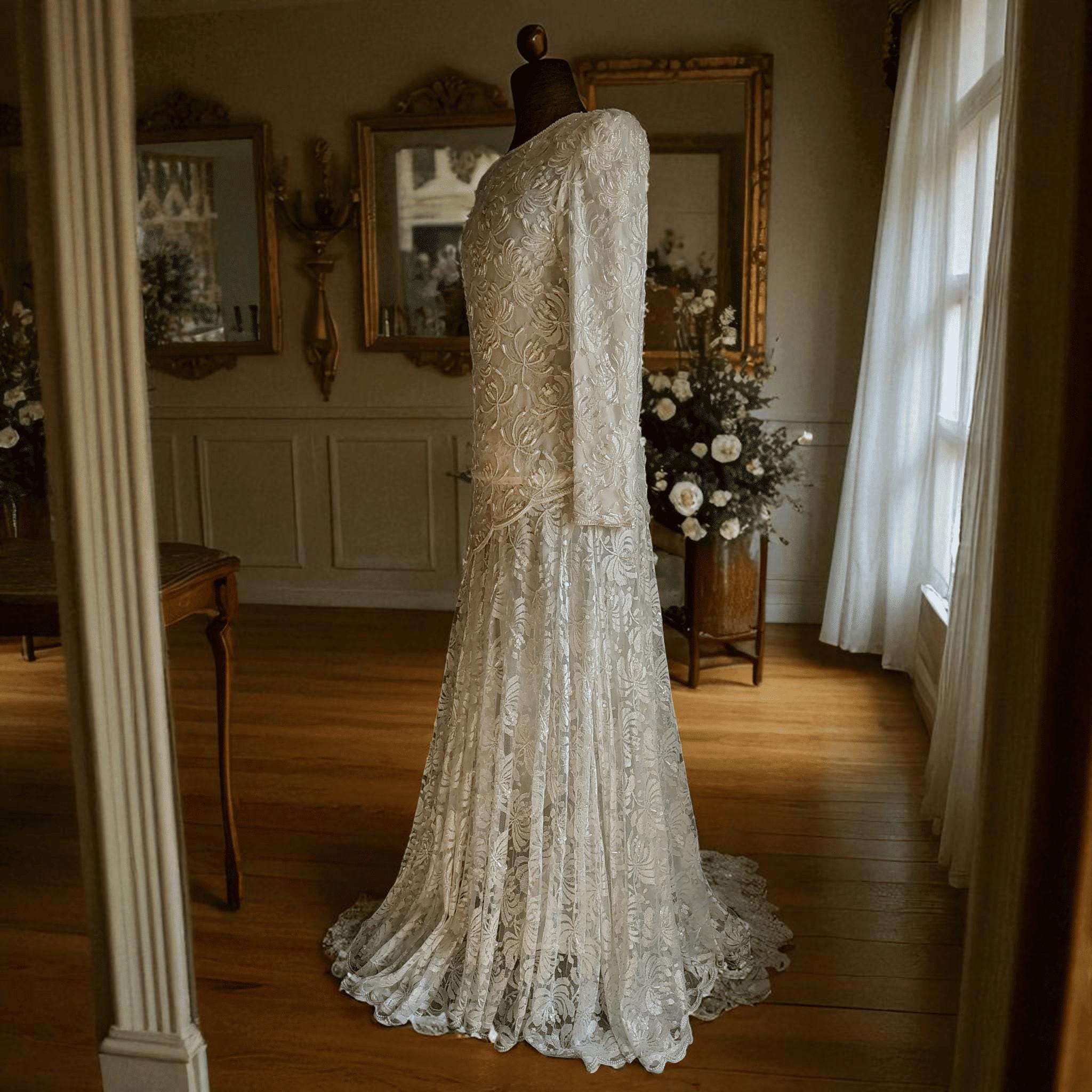 Vintage Wedding Lace beaded and sequin dress // hand beaded,, Gatsby, Bridal