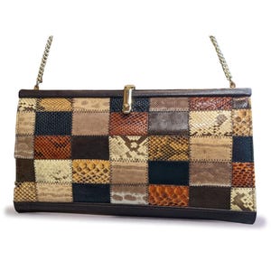 PATCHWORK Snakeskin CLUTCH Shoulder Bag // 70&#39;s Leather Purse/ Snake Gold Chain Chic Retro