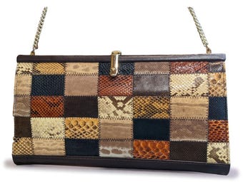 Bolso de hombro PATCHWORK de piel de serpiente // Monedero de piel de los años 70 / Cadena dorada de serpiente, estilo retro chic