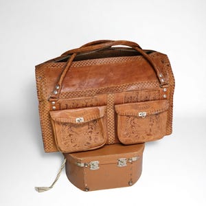 Vintage Hand Tooled Leather Suitcase // Weekender Bag Tooled Leather