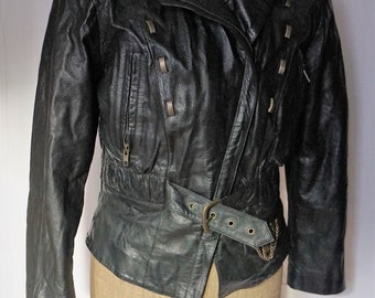 Vintage 80s Black Leather Biker Jacket Womens / Size Medium / Leather Jacket /