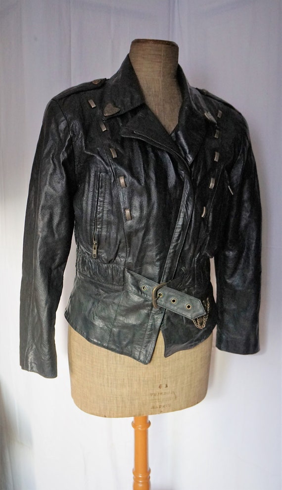 80s archive Vintage Leather Jacket カナダ製 Vintage 80s Black Leather Biker Jacket Womens / Size Medium