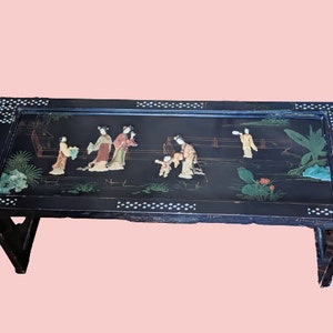 Chinese Lacquered Wood, Tea Table mother of pearl inlay // Oriental // Home Decor furniture // Coffee Table Folding table