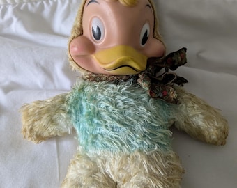 Vintage 1950s Plush Duck Toy, Rubber Face, 8"