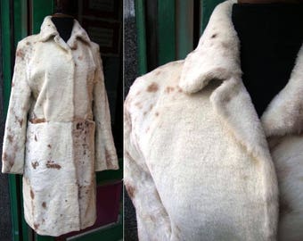 ON SALE!!Vintage faux pony fur Coat / White and brown coat Vintage/ Faux Cow Coat Vintage