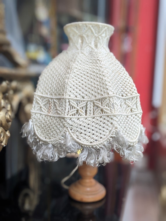Vintage Table Lamp Crochet and wood 1970 /Boho Macrame tabe lamp/  Boho home decor / Hippie decor