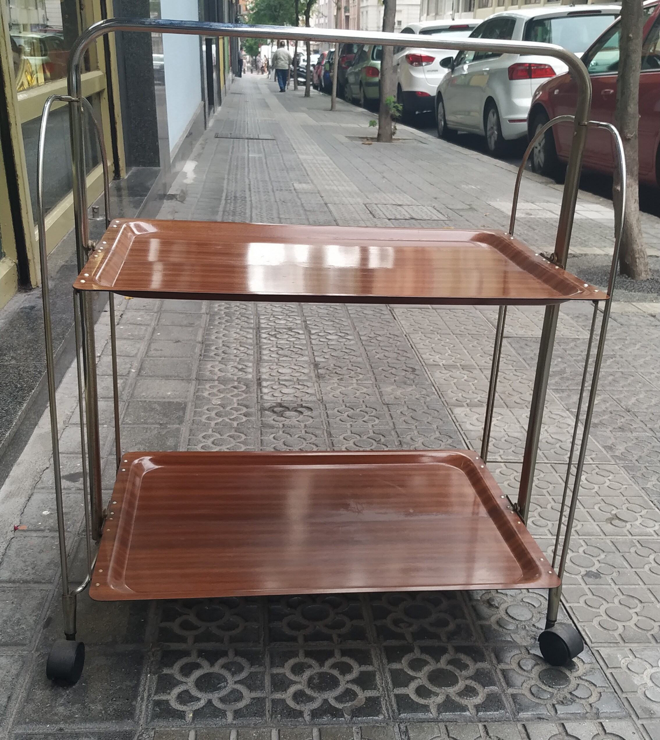 Chariot à Boissons Pliant – Formica Années 70 – Chrome Marron – Hollande