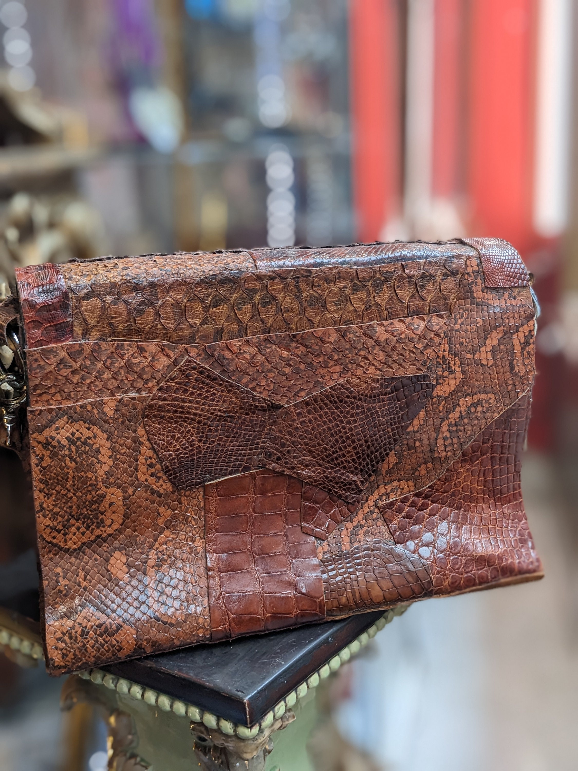 Vintage Shoulder Leather Patchwork Bag // Snake, Pyton and Oyster 