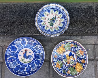 Lote set Platos de cerámica española vintage //Diseño de pájaros pintados a mano // Decoración de cocina // Gallo pintado a mano