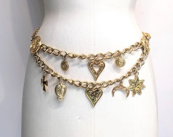 80s Vintage Gold Chain ESCADA Charm Belt Gold Metallic /Chain Charm Belt/ 80s Glam Charm Wedding Heart Cross Belt