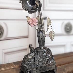 Antique French souvenir of Lourdes music box  our lady of Lourdes holy virgin Mary statue, saint Bernadette with rose