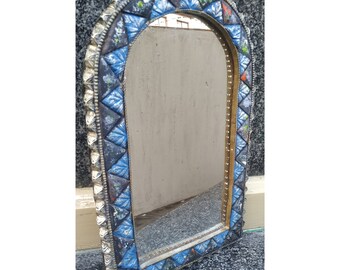 Vintage Mirror Resin Handpainted // Home Decor Silver Blue Green Exotic // Boho Chic