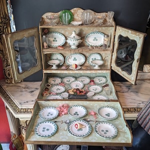 French Cabinet París doll Size dinner service in cabinet brocade // 19 th century miniature accesories for dolls table